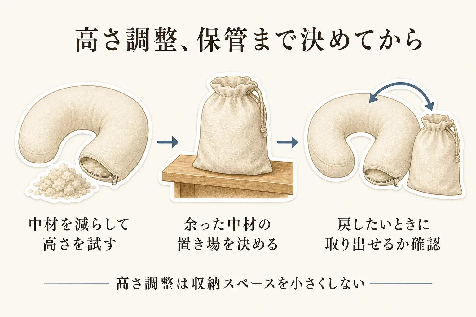 高さ調整できる抱き枕で、中材を減らして高さを試し、余った中材を袋に入れて保管し、必要になったら取り出して戻せるか確認する流れを示した図。出典：本記事の高さ調整と収納の比較軸