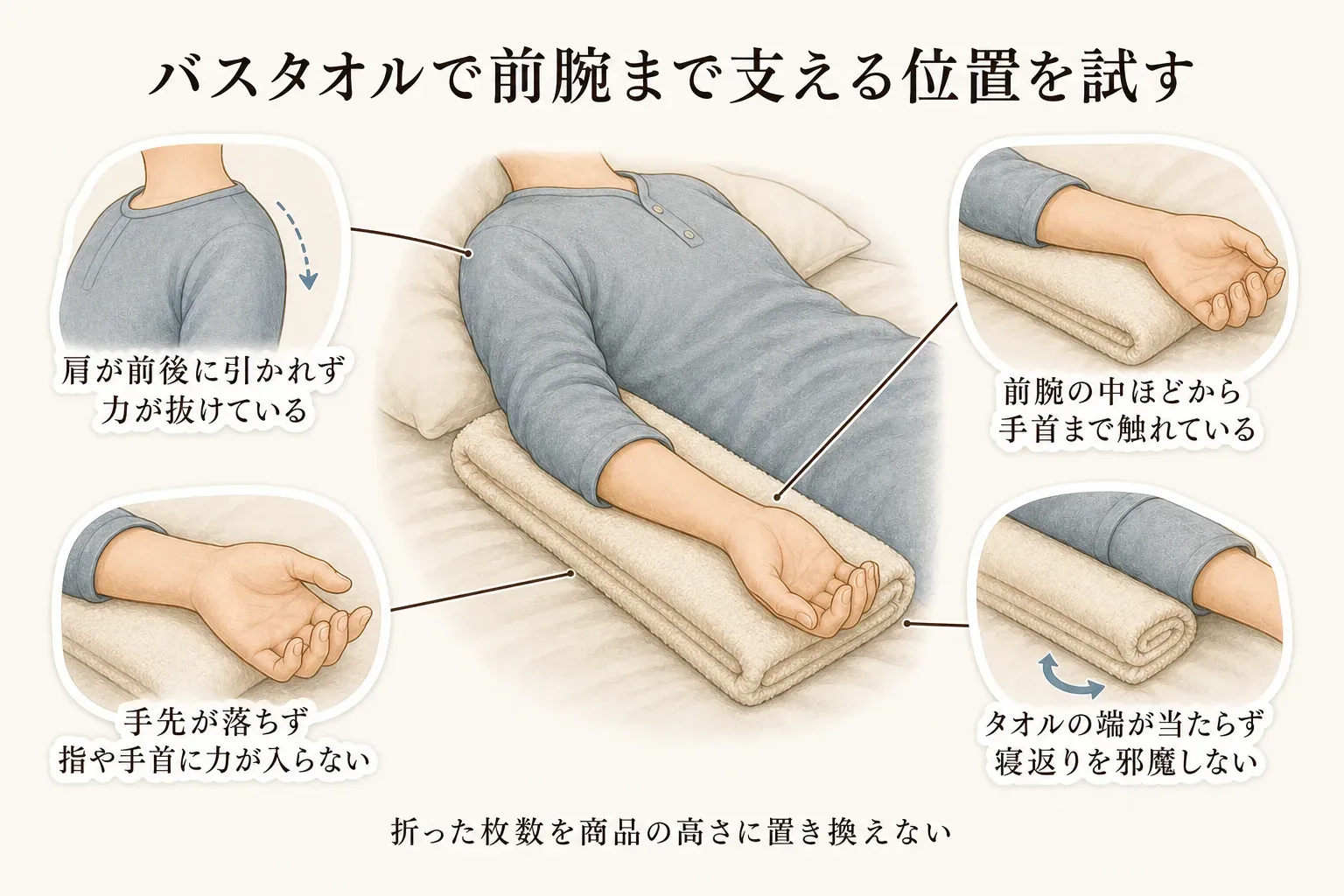 仰向けで肘から前腕までの下に細長く折ったバスタオルを置き、肩が引かれず、前腕から手首までが触れ、手先が落ちず、タオルの端が寝返りを妨げないかを確認する図。折り枚数を商品の高さにそのまま置き換えないよう示している。