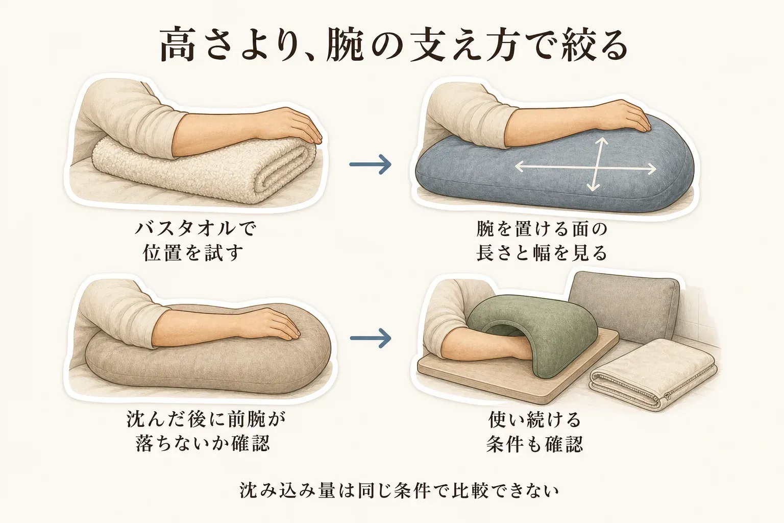 腕枕クッションを選ぶ順番として、バスタオルで肩が引かれず前腕が連続して乗る高さを試し、腕を置ける面の長さと幅を見て、沈んだ後に前腕が落ちないかを確認し、支持板・壁の有無・洗い方・圧縮配送を確認する4段階を示す図。