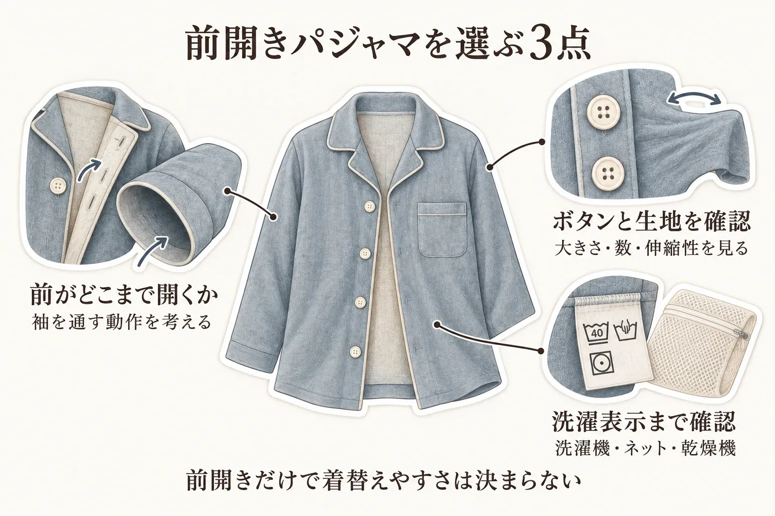 前開きパジャマを選ぶ3点として、前がどこまで開くかと袖を通す動作、ボタンの大きさ・数と生地の伸縮性、洗濯表示と洗濯機・ネット・乾燥機の可否を、前開きパジャマのイラストで示す図。出典：本文の確認項目より