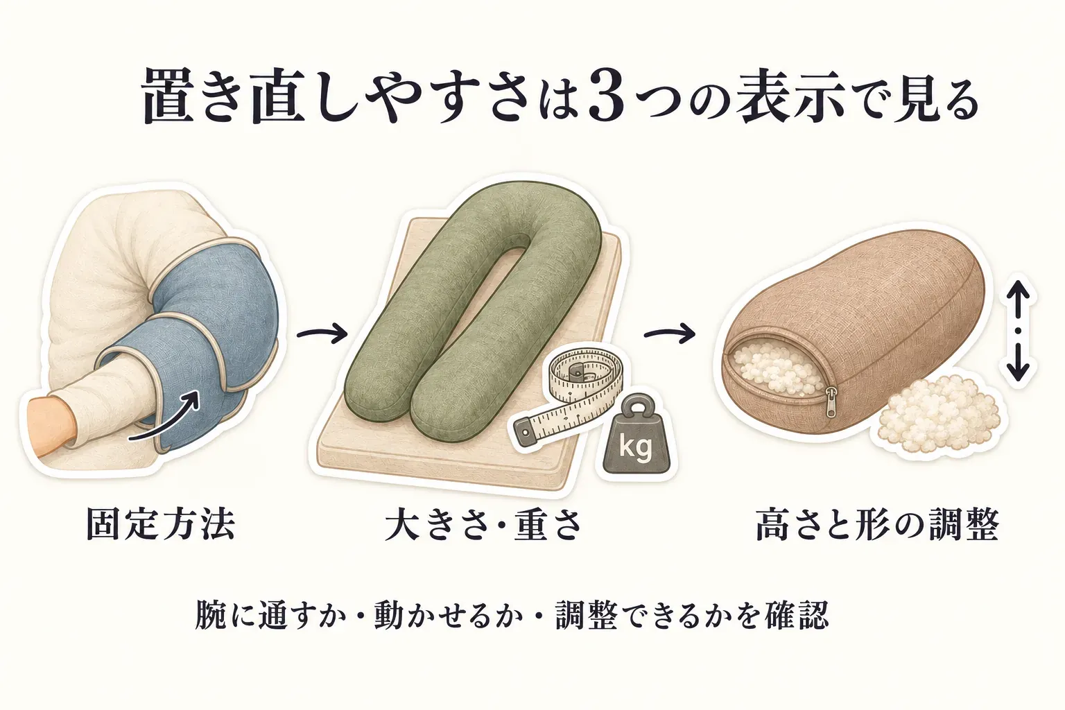 置き直しやすさを確認する3項目として、腕に通す固定方法、大きさ・重さ、高さと形の調整を、腕の固定具、U字形のクッション、ファスナー付きの円筒形クッションのイラストで示す図。