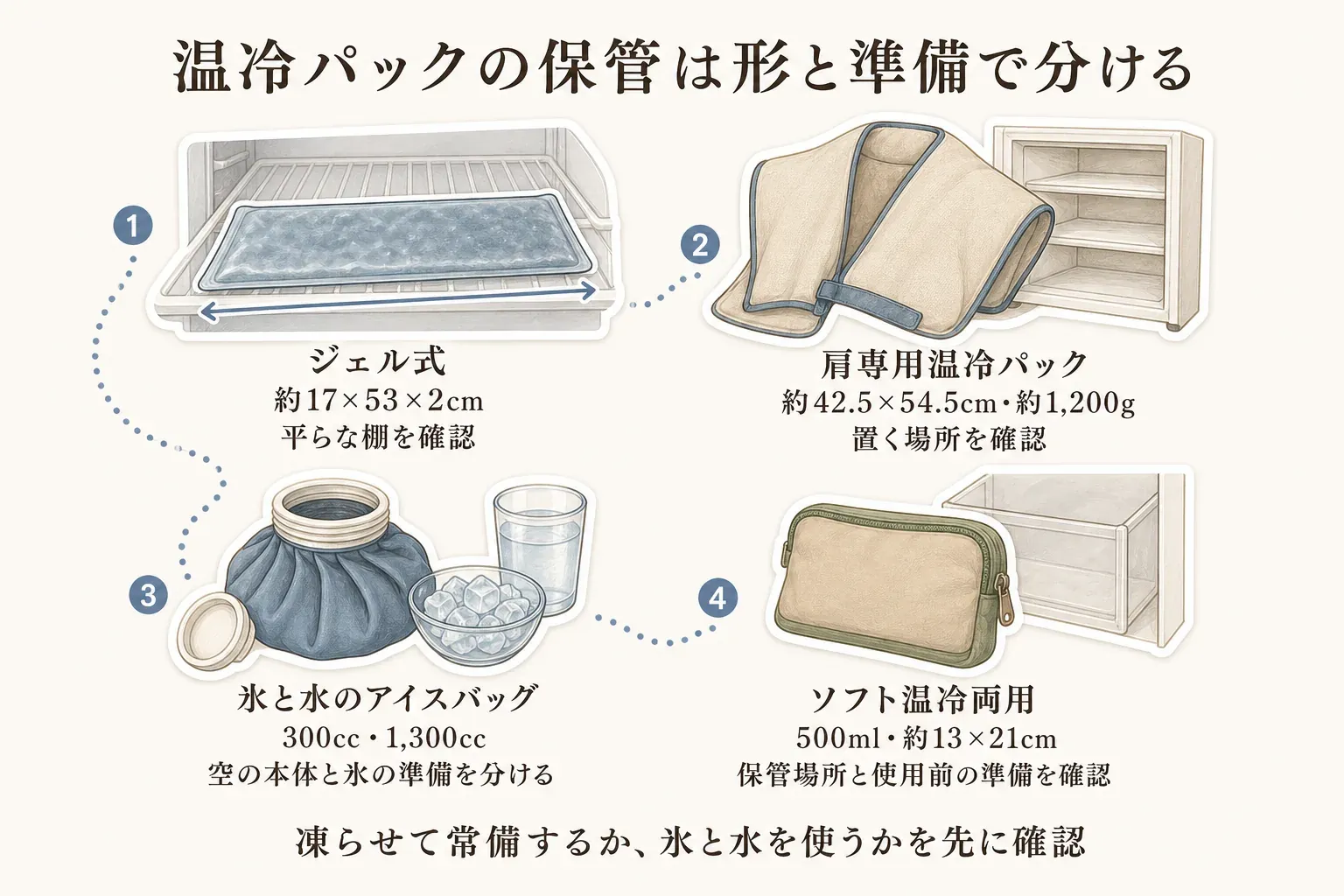 肩に使う温冷用品の保管方法を、冷凍庫で平らな棚が必要なジェル式、肩を覆う大きさと重さを確認する肩専用温冷パック、空のバッグをしまい使用時に氷と水を準備するアイスバッグ、小型のソフト温冷両用の4タイプで比べた図。出典：本記事の指定楽天商品JSONの商品説明