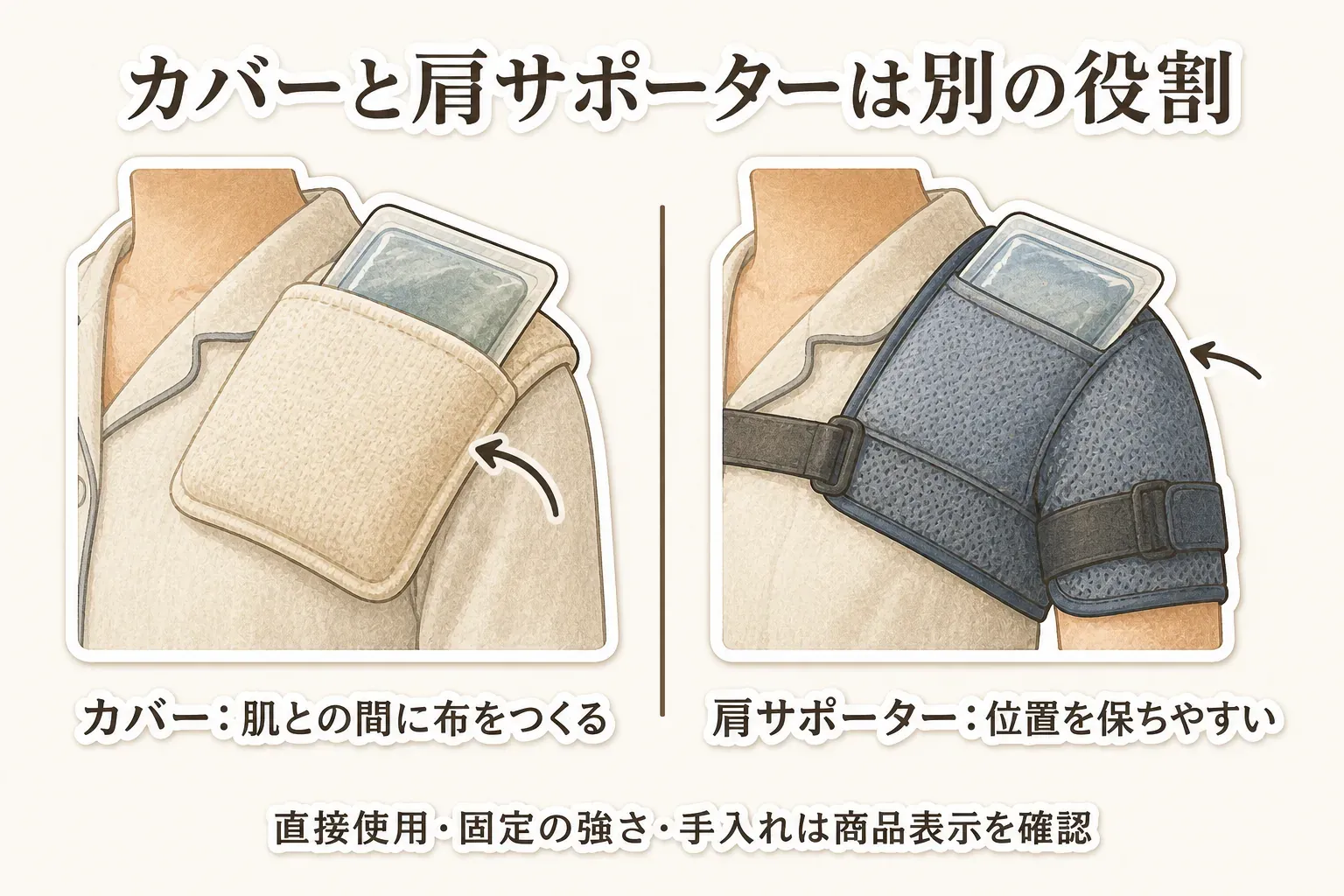 温冷パックのカバーは肌との間に布を作る役割、ポケットとベルトを備えた肩サポーターは温冷パックの位置を保ちやすい役割を示す比較図。直接使用の可否、固定の強さ、手入れは商品表示で確認するよう案内している。