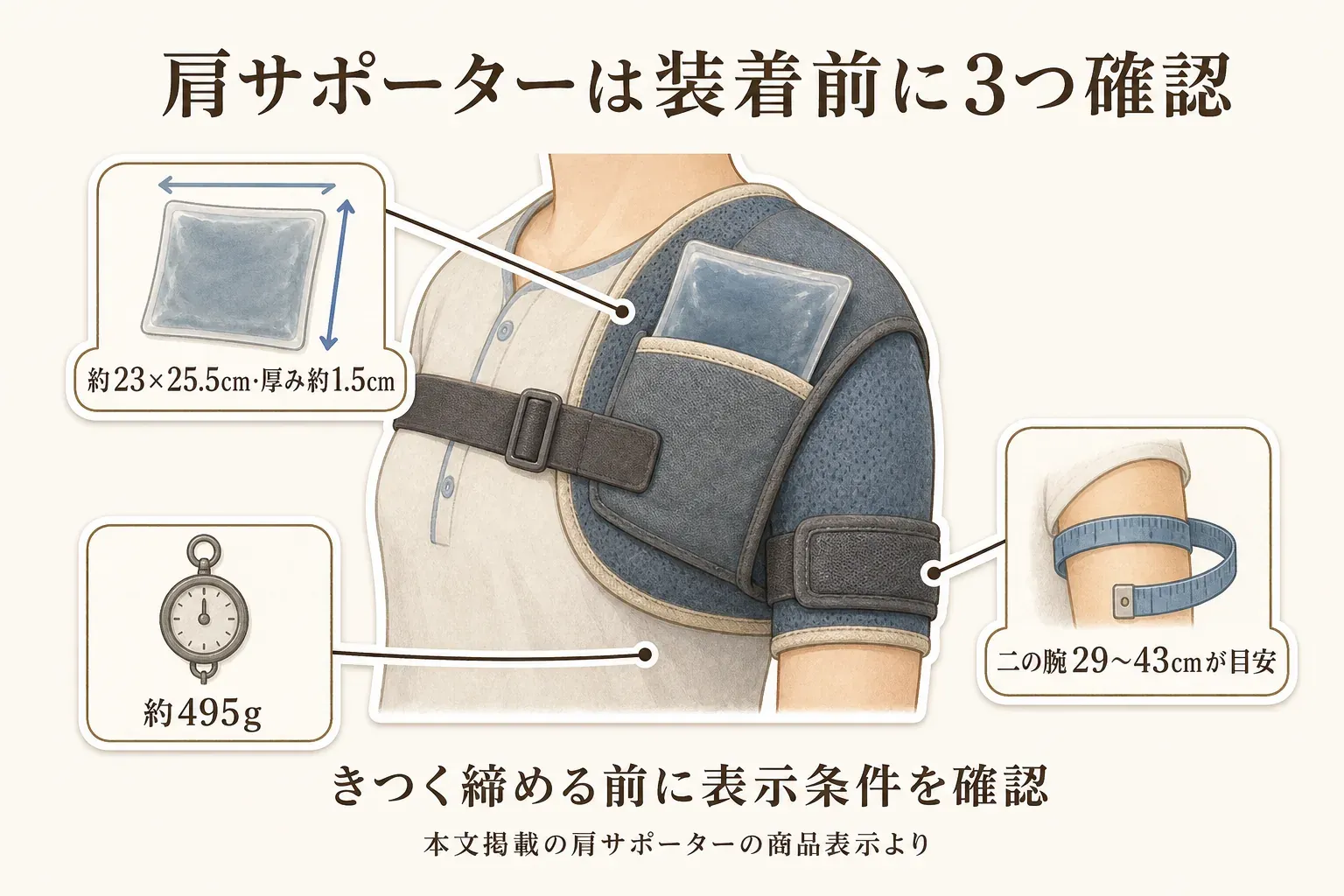 肩サポーターに温冷ジェルパックをポケットへ収めた状態を示し、パックは約23×25.5cm・厚み約1.5cm・約495g、二の腕は29〜43cmが目安と記す図。きつく締める前に商品表示のサイズ・重量条件を確認するよう案内している。出典：本文掲載の肩サポーターの商品表示。