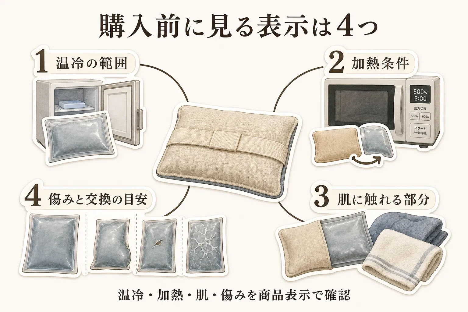 肩用の温冷パックを購入前に確認する4つの表示を示す図。温冷の範囲、電子レンジの加熱条件、カバーやタオルなど肌に触れる部分、膨張・破れ・亀裂など傷みと交換の目安を、ジェルパックとホットパックのイラストで示している。出典：本文の購入前に見る表示。