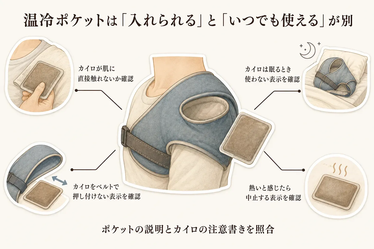 温冷ポケット付き肩サポーターでは、カイロが肌に直接触れないこと、ベルトで押し付けないこと、就寝時に使わないこと、熱いと感じたら中止することを確認する図。出典：消費者庁「低温やけどについての注意表示例」