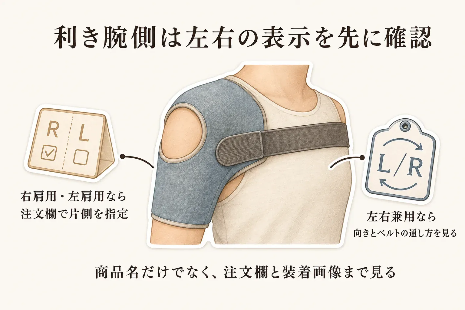 利き腕側に肩サポーターを着ける際、右肩用・左肩用では注文欄で片側を指定し、左右兼用では本体の向きとベルトの通し方を確認することを、肩サポーターの装着図とともに示した図。