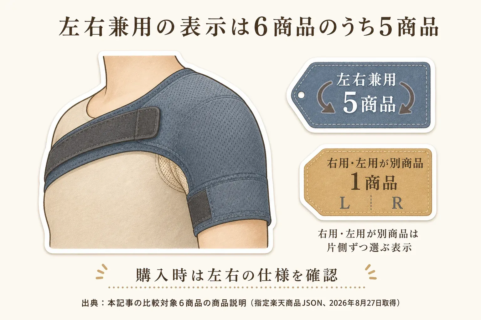比較した肩サポーター6商品のうち、左右兼用の表示がある5商品と、右用・左用が別商品の1商品を示し、別商品は片側ずつ選ぶことを説明した図。出典：本記事の比較対象6商品の商品説明（指定楽天商品JSON、2026年8月27日取得）