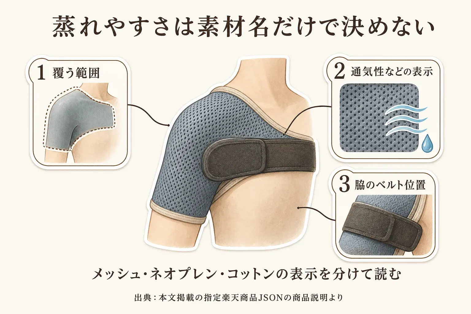 肩サポーターの蒸れやすさを確認する図。肩を覆う範囲、メッシュなどの通気性表示、脇にくるベルト位置の3項目を、メッシュ肩サポーターの装着イラストで示す。出典：本文掲載の指定楽天商品JSONの商品説明より
