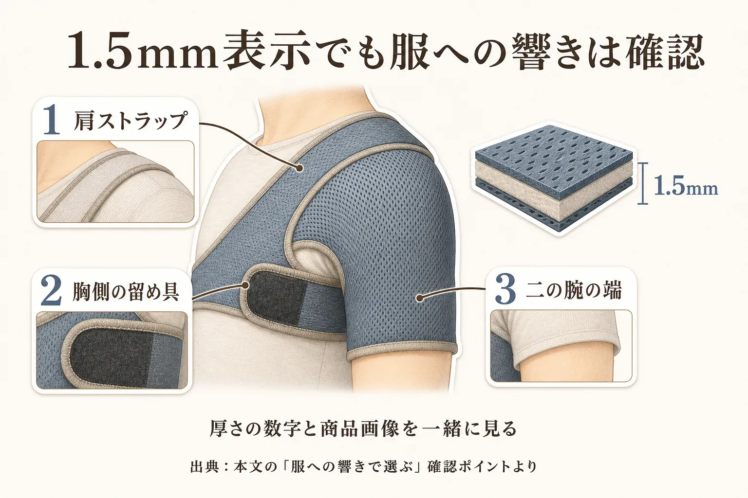 1.5mm表示でも服への響きを確認する図。肩ストラップ、胸側の留め具、二の腕の端の3か所と、1.5mm厚の素材断面を、肩サポーターを着けた上半身のイラストで示す。出典：本文の「服への響きで選ぶ」確認ポイントより