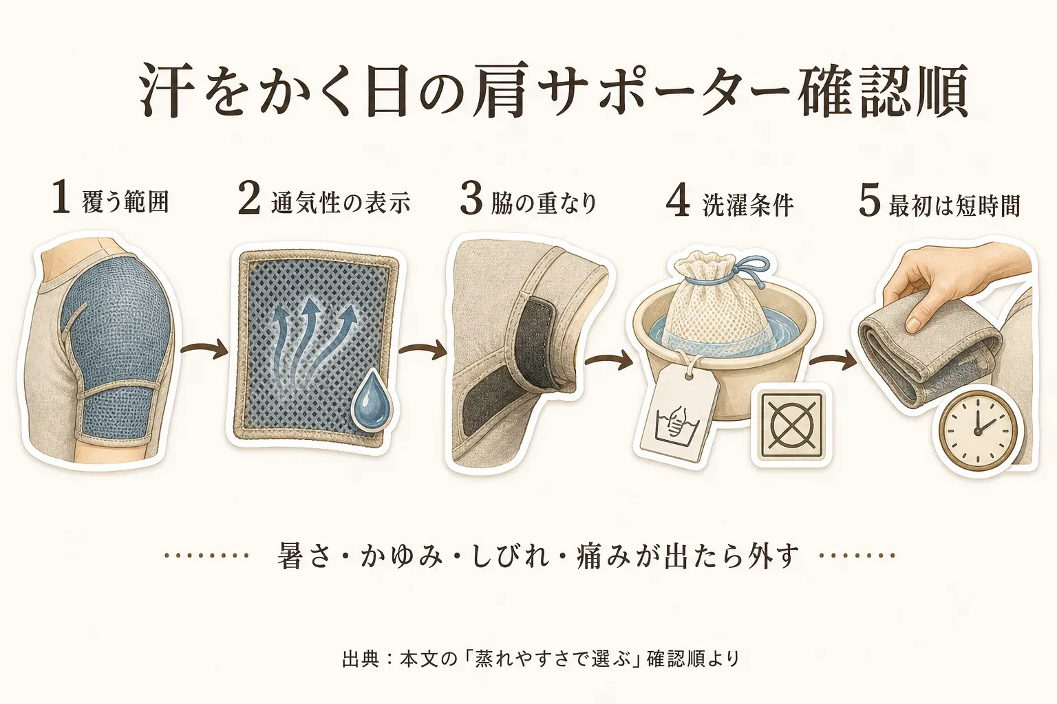 汗をかく日に肩サポーターを選ぶ確認順を示す図。覆う範囲、通気性の表示、脇の重なり、洗濯条件、最初は短時間の5項目を順に並べ、暑さ・かゆみ・しびれ・痛みが出たら外す注意を記している。出典：本文の「蒸れやすさで選ぶ」確認順より