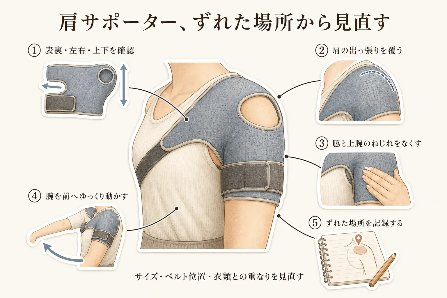 肩サポーターの装着時に、表裏・左右・上下を確認し、肩の出っ張りを覆い、脇と上腕のねじれをなくし、腕を前へゆっくり動かして、ずれた場所を記録する5つの確認手順を示した図。出典：本記事の装着確認手順