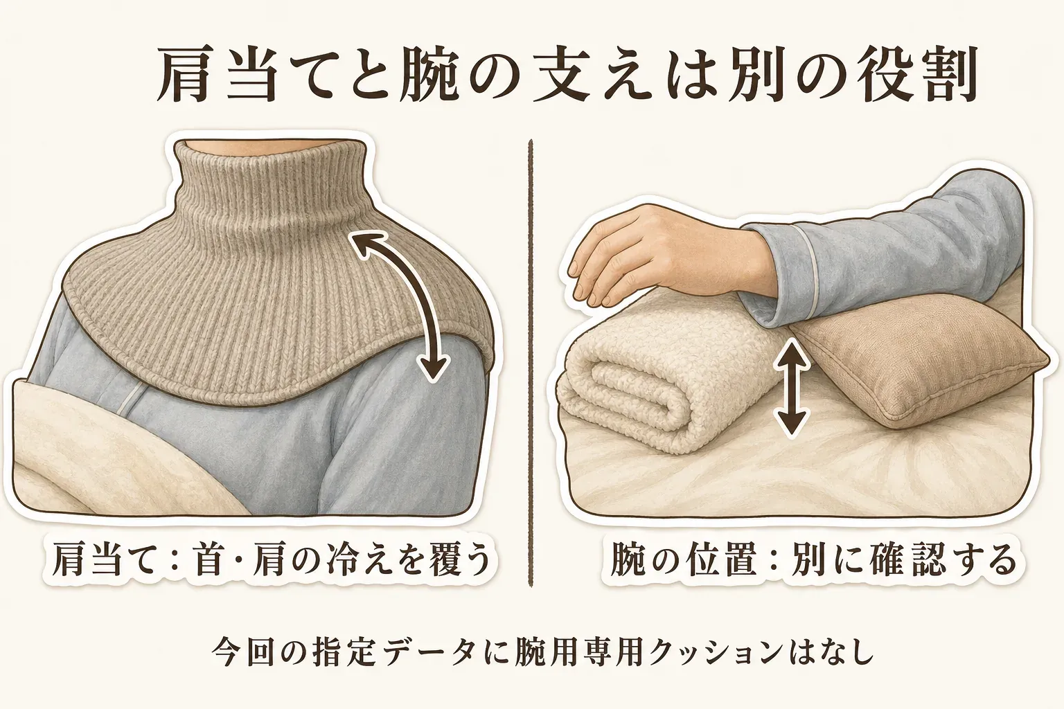 肩当ては首・肩の冷えを覆う用品、腕の位置はタオルやクッションで別に確認するものとして役割を分け、今回の指定データには腕用専用クッションがないことを示した図