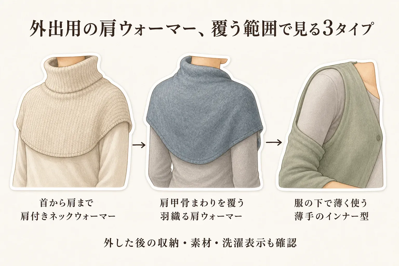 外出用の肩ウォーマーを覆う範囲で比べ、首から肩まで覆う肩付きネックウォーマー、肩甲骨まわりを覆う羽織る肩ウォーマー、服の下で薄く使う薄手のインナー型の3タイプと、外した後の収納・素材・洗濯表示の確認を示した図。出典：本記事の比較軸
