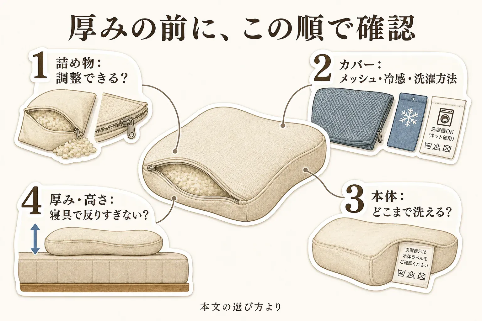 就寝用クッションを厚みの前に確認する順を示す図。1は詰め物が調整できるか、2はカバーのメッシュ・冷感・洗濯方法、3は本体をどこまで洗えるか、4は寝具に置いたときに厚み・高さで反りすぎないかを確認する内容。出典：本文の選び方。