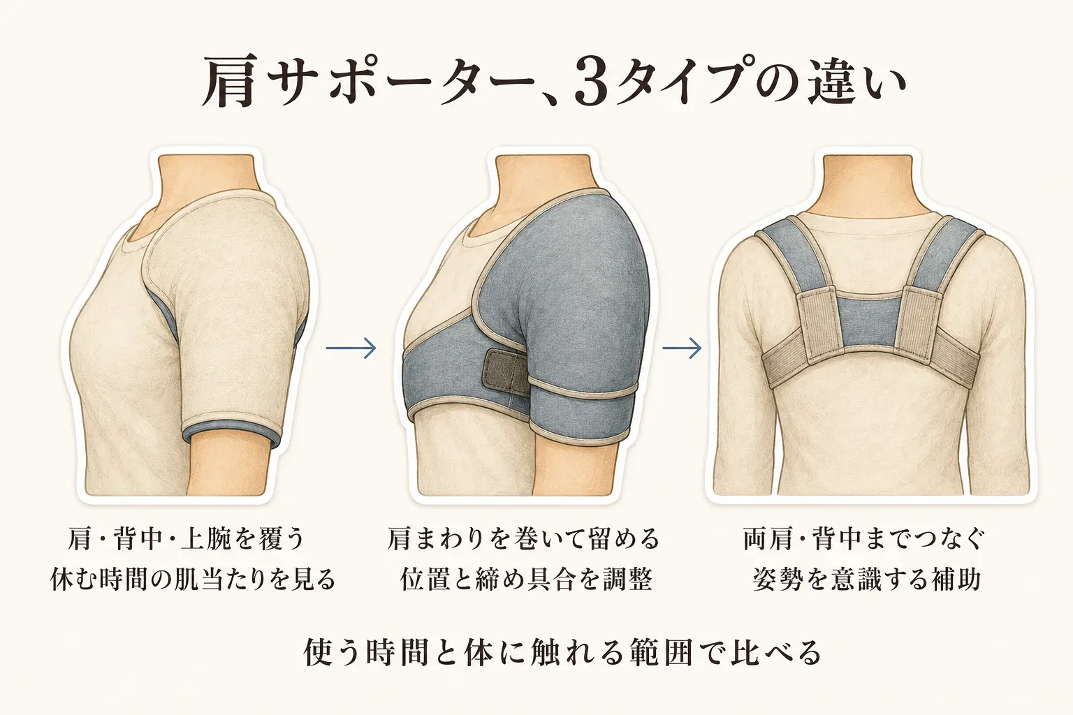 肩サポーター3タイプの違いとして、肩・背中・上腕を覆い休む時間の肌当たりを見る袖付き、肩まわりを巻いて位置と締め具合を調整するラップ型、両肩・背中までつなぎ姿勢を意識する補助の姿勢ベルトを並べ、使う時間と体に触れる範囲で比べる図。出典：本記事の比較軸